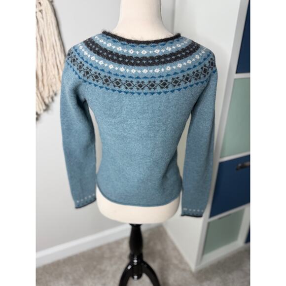 Garnet Hill Blue Lambswool Cashmere Wool Mohair Fair Isle Sweater Shirt XS - Picture 2 of 7